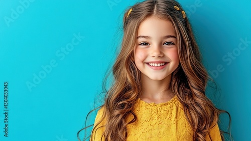 Cheerful long-haired girl exudes joy, vibrant energy radiates in a creative moment.
