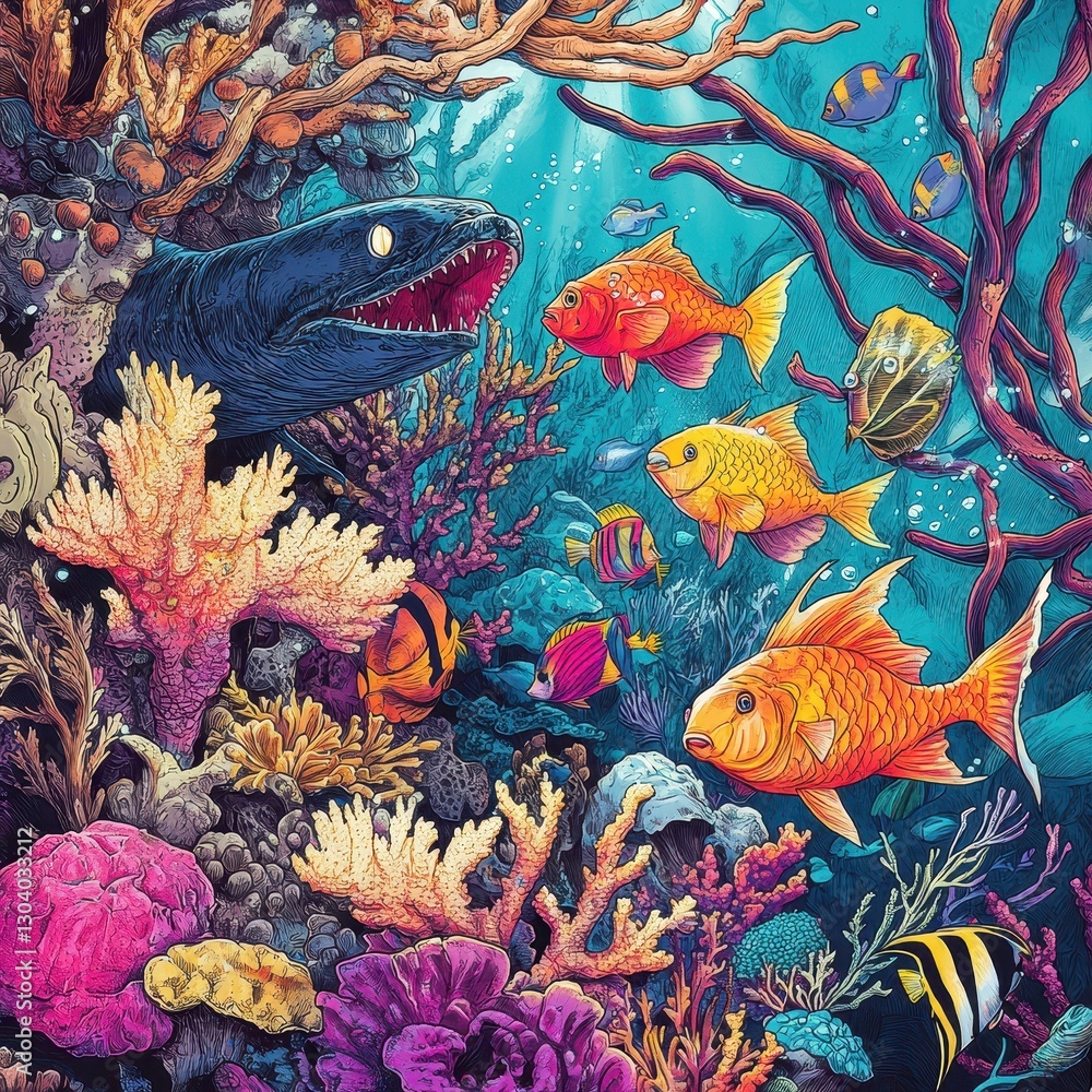 Naklejka premium An underwater scene shows a giant eel amongst colorful fish