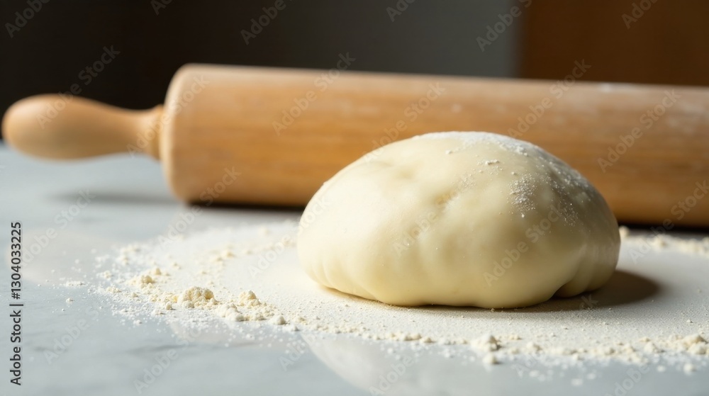 A freshly kneaded ball of dough rests on a lightly floured surface, with a wooden rolling pin subtly blurred in the background, showcasing the simple elegance of baking preparation. A freshly kneaded ball of dough rests on a lightly floured surface, with a wooden rolling pin subtly blurred in the background, showcasing the simple elegance of baking preparation.