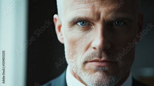 Focused businessman in formal attire, exuding confidence and professionalism in a modern office setting.
