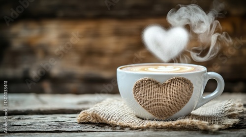 Heart-shaped steam rises from a rustic coffee cup, evoking warmth and simplicity.
