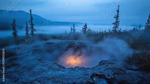 Glowing crater in Alaskan wilderness, shrouded in fog with distant mountains. A mysterious and serene natural wonder.

