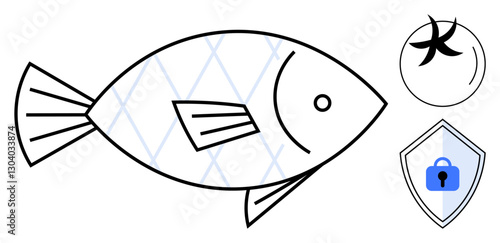 Fish with geometric pattern, Pisces zodiac sign, and security shield with blue lock. Ideal for astrology, cybersecurity, protection, identity safety, aquatics metaphors security. Minimalist