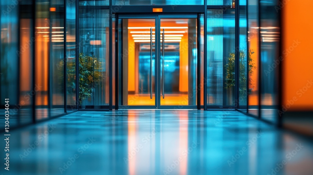 Modern glass doors in a bright office hallway. Perfect for concepts of business, success, and opportunity. Modern glass doors in a bright office hallway. Perfect for concepts of business, success, and opportunity.