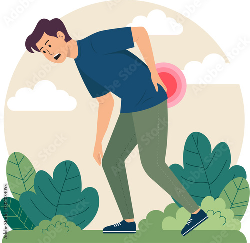 Illustration of a man with back pain. He puts his hand on his waist and has a pained look on his face.