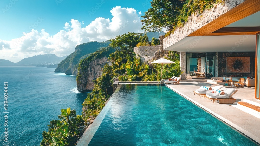 Fototapeta premium A scenic cliffside infinity pool at a luxury resort, tourists admiring the breathtaking ocean view
