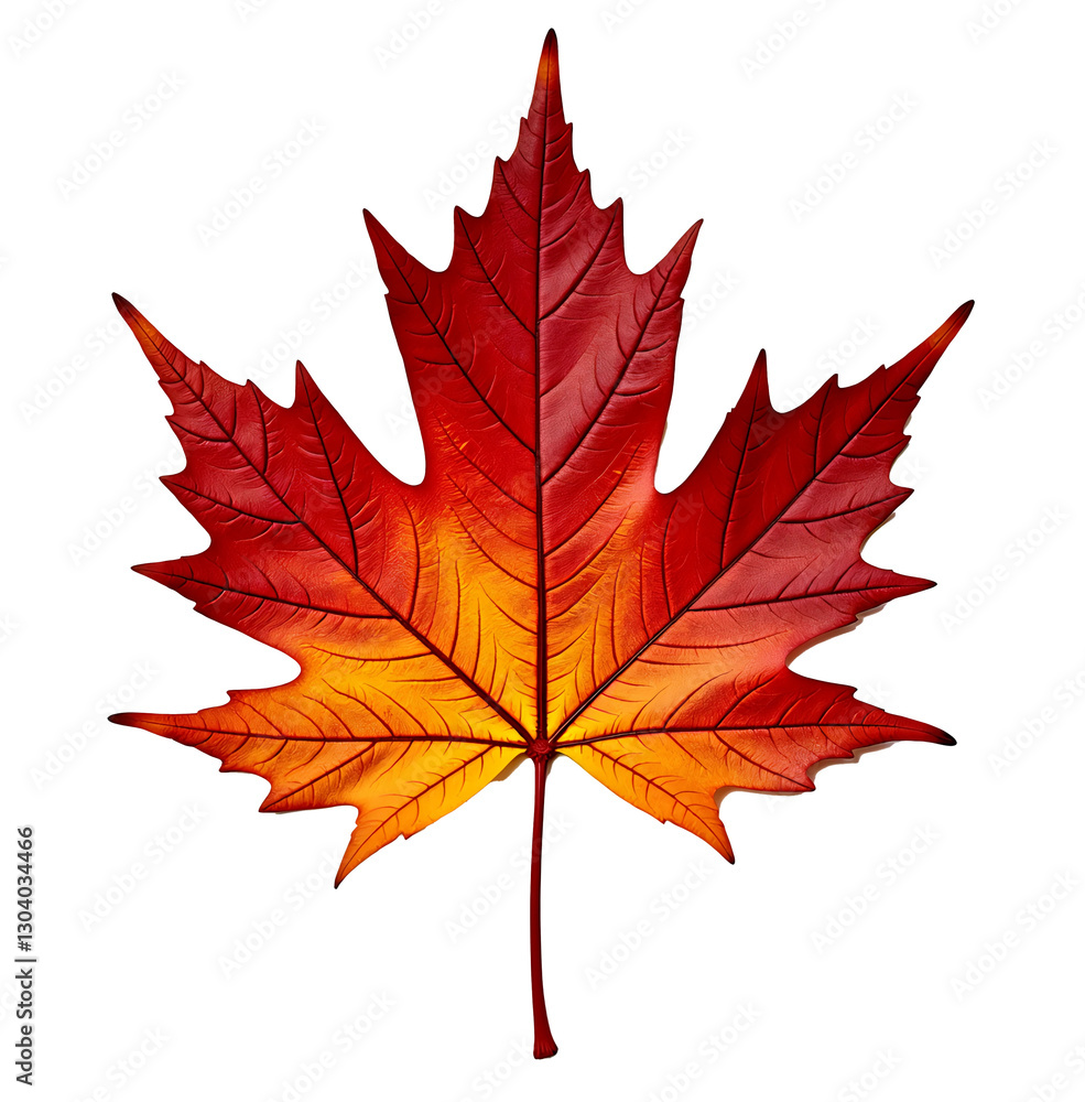Naklejka premium Vibrant red and orange maple leaf against a white background, symbolizing Canada’s national identity and natural beauty, ideal for Canada Day celebrations.