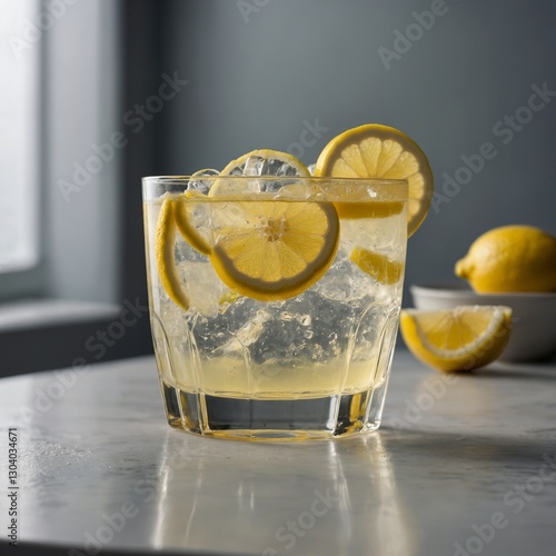 Refreshing Lemon Slice in a Sparkling Water Glass on Marble Surface  Chilled lemonade in a glass with ice and lemon slice on sunny table  Refreshing lemon sparkling water - Chilled lemon sparkling wat