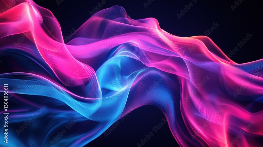 Obraz premium A mesmerizing digital artwork featuring fluid, glowing waves of pink and blue light against a dark background. This abstract composition represents energy, movement,