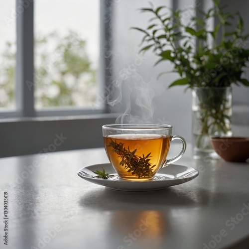 Relaxing Morning Tea Moment Generative AI  Glass cup of steaming tea on a white surface, delicate steam swirls, minimalist composition, warm colors, emphasizing simplicity and elegance