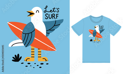 Cute Seagull surfinging illustration with tshirt design premium vector