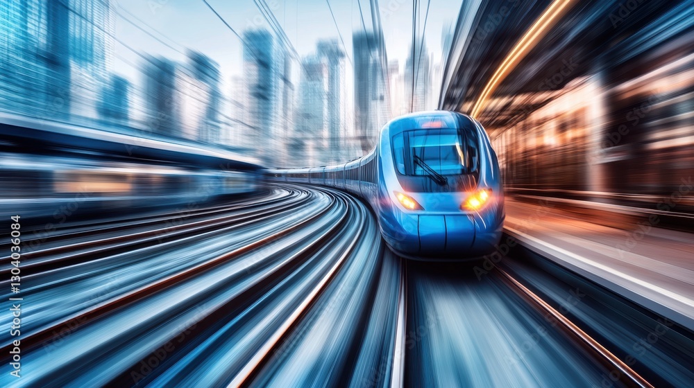 Fast Blue Train in a Cityscape with Motion Blur Effect Fast Blue Train in a Cityscape with Motion Blur Effect
