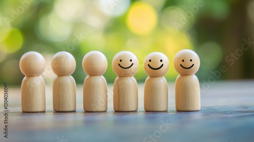 Wooden figurines with smiling faces stand in a line on the table, against a simple background. This high-resolution photograph showcases the depth of field and bokeh effect