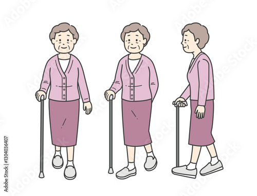 杖をついて歩く後期高齢女性の全身イラスト