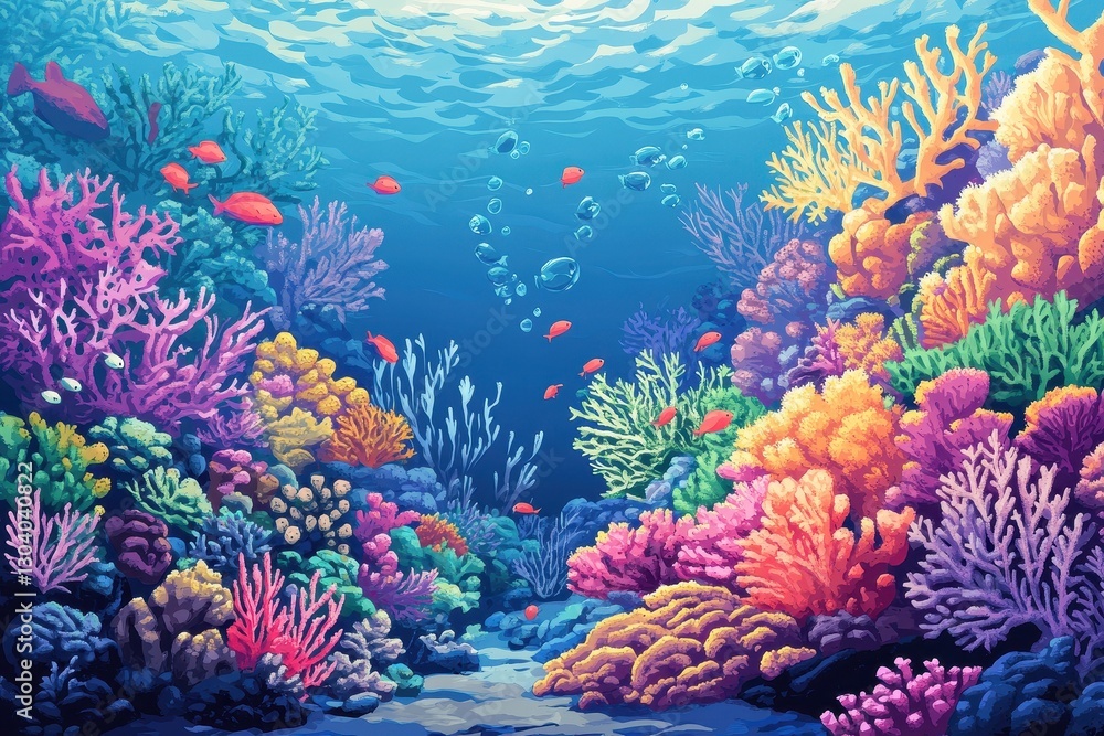 Naklejka premium A vibrant underwater scene featuring diverse coral and fish