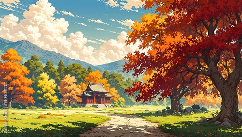 Idyllic Anime Autumn Wallpaper – A Peaceful Meadow with traditional house, Winding Paths, Red and Orange Trees