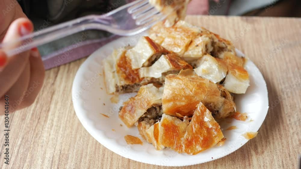 Delicious turkish borek being eaten with a fork Delicious turkish borek being eaten with a fork