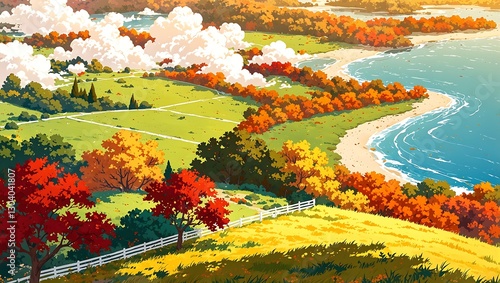 Aerial photo of Idyllic Anime Autumn Wallpaper – A Peaceful Meadow with Winding Paths, Red and Orange Trees