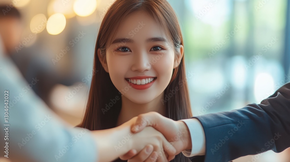 Business interview scene, two employers shaking hands with young Asian woman, office setting, career success, positive expressions. Business interview scene, two employers shaking hands with young Asian woman, office setting, career success, positive expressions.