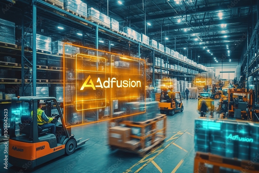 Automated warehouse with forklifts and digital overlay. Automated warehouse with forklifts and digital overlay.
