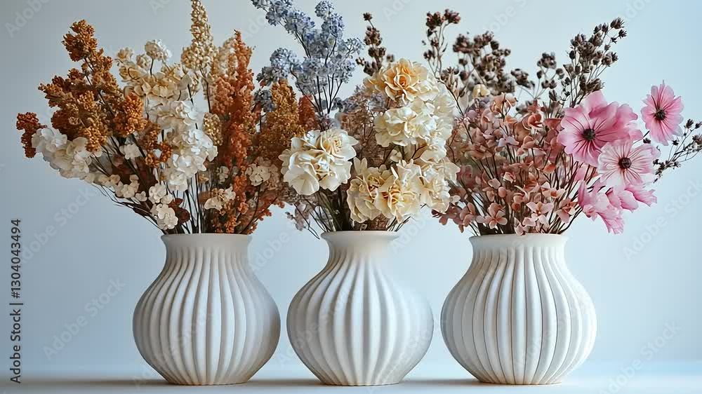 Elegant arrangement of dried flowers in textured vases against a minimalist background Elegant arrangement of dried flowers in textured vases against a minimalist background