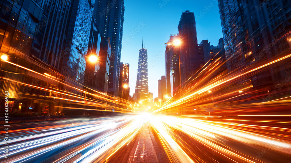Fototapeta premium Futuristic city with vibrant lights and dynamic motion at dusk, showcasing modern architecture and urban life