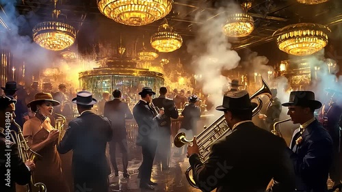 Elegant jazz band performing in a lavish 1920s speakeasy with vibrant chandeliers and smoke