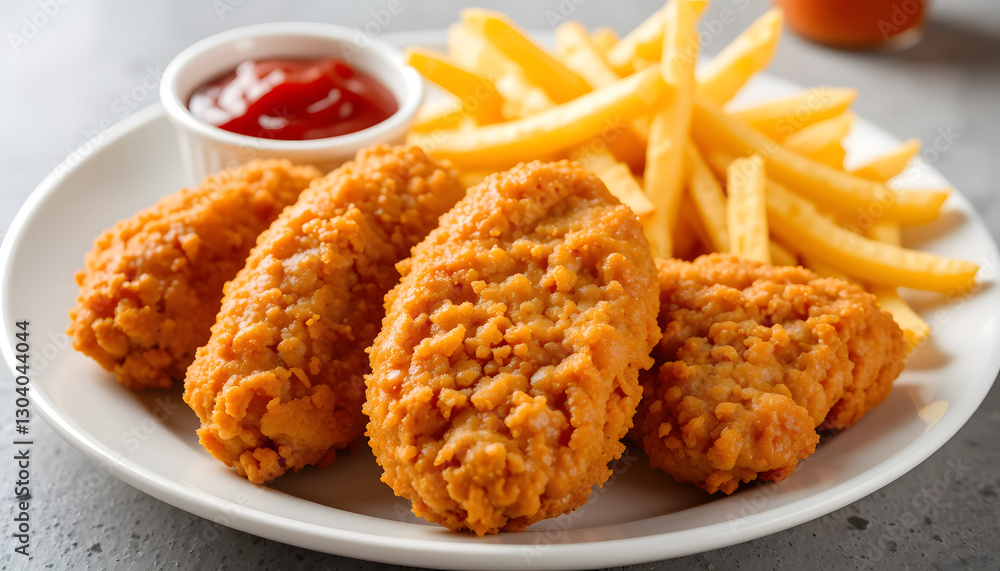 Crispy Fried Chicken Tenders with French Fries and Ketchup on Light Background - FREE Download HD Image Crispy Fried Chicken Tenders with French Fries and Ketchup on Light Background - FREE Download HD Image