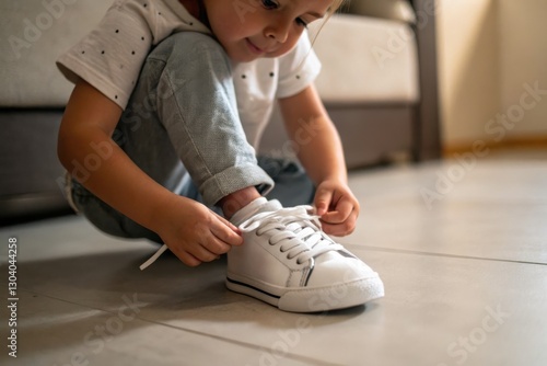 Child Concentrating on Tying Shoe Laces Indoors - A Young Learner's Focused Moment