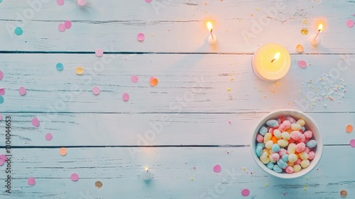 Tranquil Candlelit Scene with Sweet Candies Aesthetic Display of Flowers and Pastel Decor Perfect and isolated on the beautiful  background 