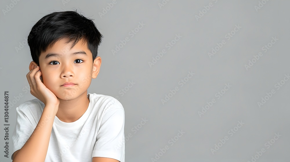 Close up Portrait of Pensive and Contemplative South Asian Teenage Boy Resting His Head on His Hand with a Bored and Serious Expression Against a Simple Gray Studio Backdrop Close up Portrait of Pensive and Contemplative South Asian Teenage Boy Resting His Head on His Hand with a Bored and Serious Expression Against a Simple Gray Studio Backdrop