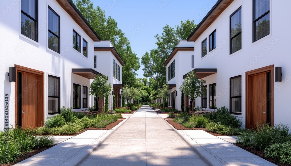 Green infrastructure concept for sustainable climate mitigation. Modern residential buildings lined along a tree-lined pathway under clear blue skies. Green infrastructure concept for sustainable climate mitigation. Modern residential buildings lined along a tree-lined pathway under clear blue skies.
