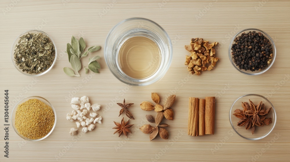 Flat lay of herbal teas and spices with a glass of water, showing natural appetite control, on a light wooden background, clean and simple Flat lay of herbal teas and spices with a glass of water, showing natural appetite control, on a light wooden background, clean and simple