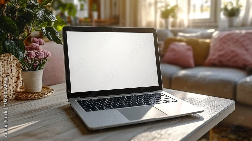 Modern laptop with a blank screen on a wooden desk in a cozy home office with natural lighting. Modern laptop with a blank screen on a wooden desk in a cozy home office with natural lighting.