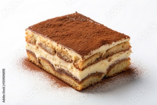 Layered dessert featuring cocoa dusting elegantly presented on a white background