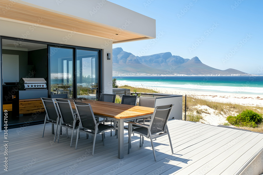 Fototapeta premium A photo of the front porch with a dining table and chairs.