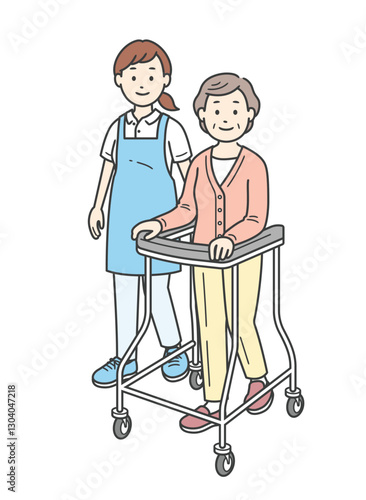歩行器の高齢女性を介助をする若い女性の全身イラスト
