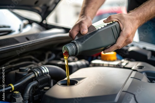 Pouring Engine Oil into Car Engine in a Garage Setting