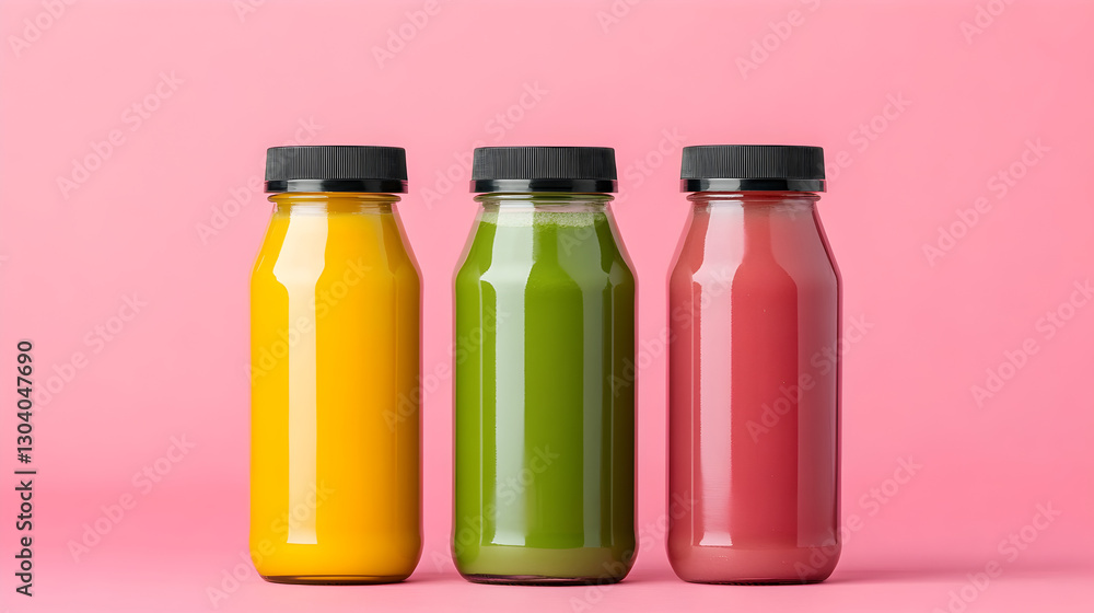 Refreshing juice bottles displayed on pink background food photography vibrant colors Refreshing juice bottles displayed on pink background food photography vibrant colors