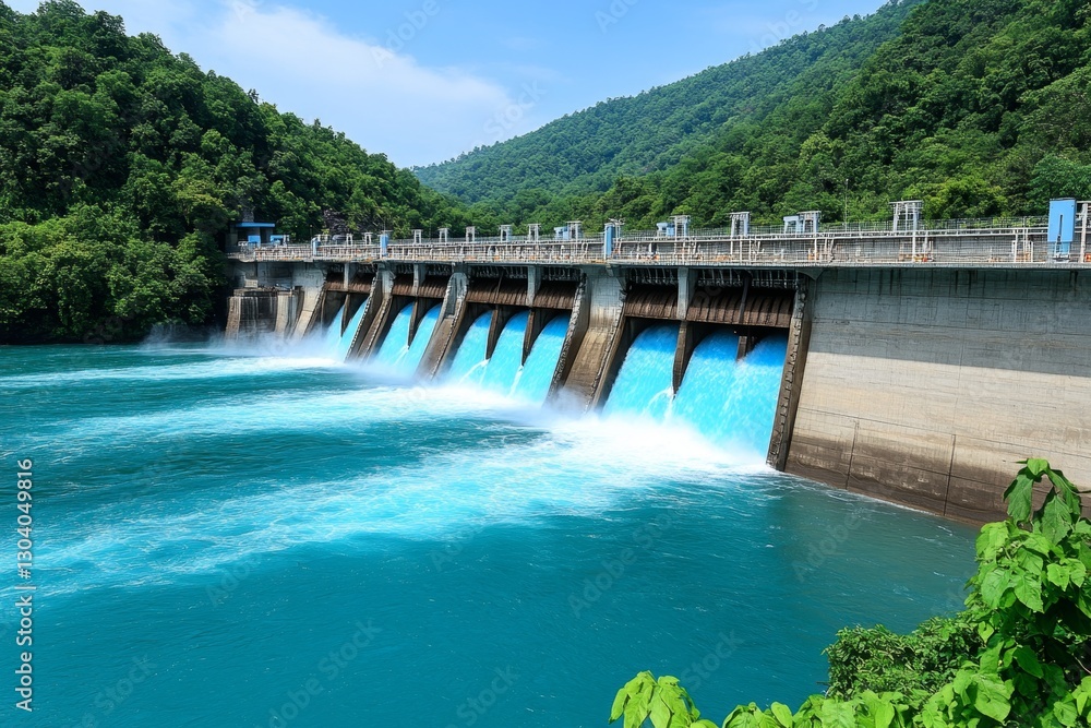 A magical hydroelectric dam powered by glowing blue water, harnessing mystical energy A magical hydroelectric dam powered by glowing blue water, harnessing mystical energy