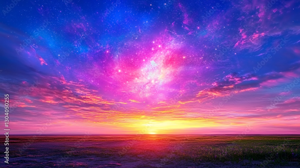 Fototapeta premium Vibrant Pink Purple Sunset Sky with Stars and Galaxy Landscape