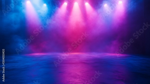 Dance floor with colorful neon lights and fog  spotlights on stage for a concert or party background. 
