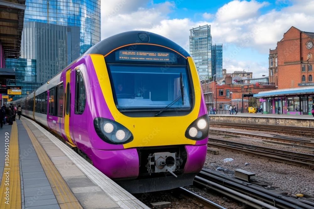 Naklejka premium A modern, well-maintained train arriving on time at a bustling station