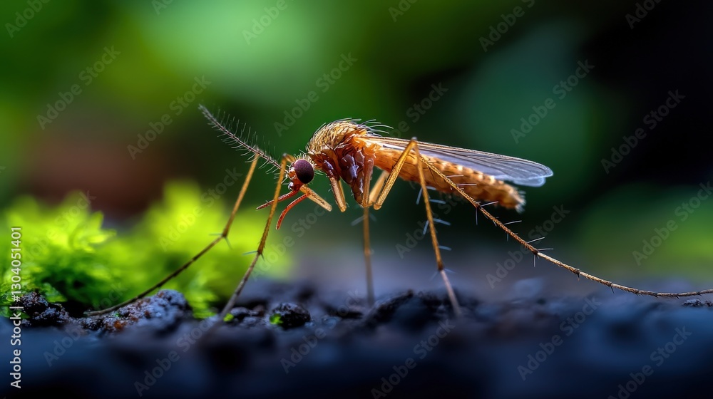Mosquito on damp ground, blurred green background Mosquito on damp ground, blurred green background