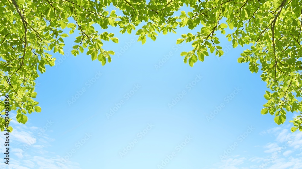 Bright Green Leaves Frame Blue Sky Background Bright Green Leaves Frame Blue Sky Background