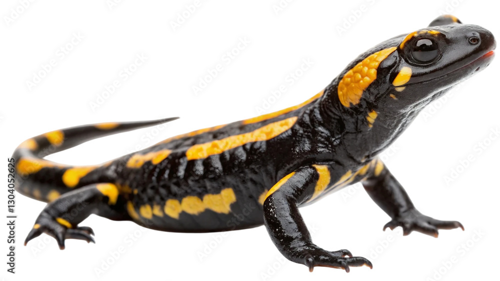 Obraz premium Left side view a fire salamander. Its bold black skin contrasts sharply with vibrant yellow markings isolated on white background. Suitable for marketing or business purposes. PNG file