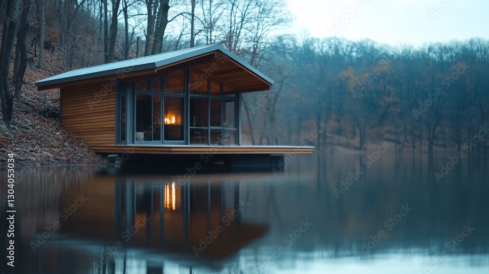 Fototapeta premium Lakeside cabin, autumn woods, firelit interior, peaceful retreat