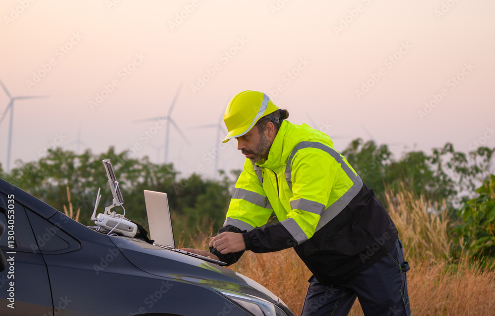 Engineer working on laptop in front of wind turbines for checking wind turbines of the field during beautiful sunset. Alternative energy concept. Engineer working on laptop in front of wind turbines for checking wind turbines of the field during beautiful sunset. Alternative energy concept.