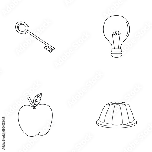 Black and white line drawings of household objects in a four-quadrant minimalist composition