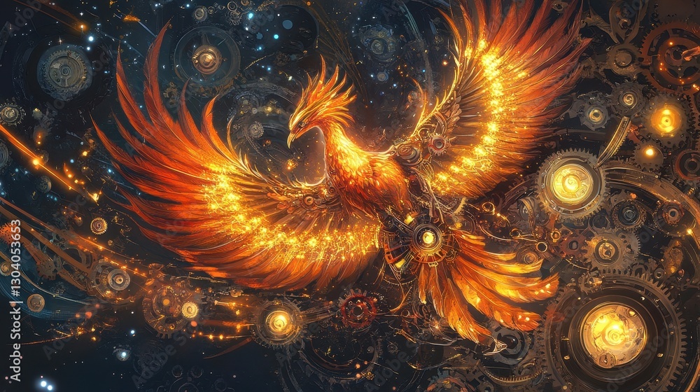 A magnificent fiery phoenix spreads its glowing wings in the cosmos A magnificent fiery phoenix spreads its glowing wings in the cosmos